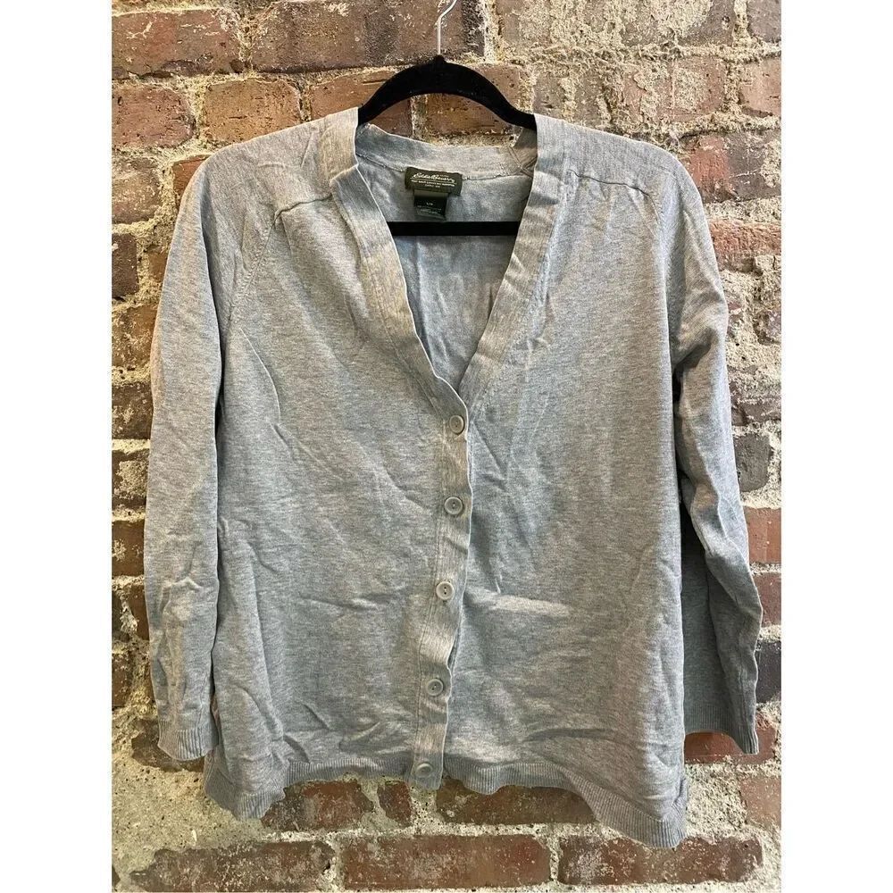 Eddie Bauer Women’s SZ Large Fitted Gray Cardigan 3/4 Length Sleeves